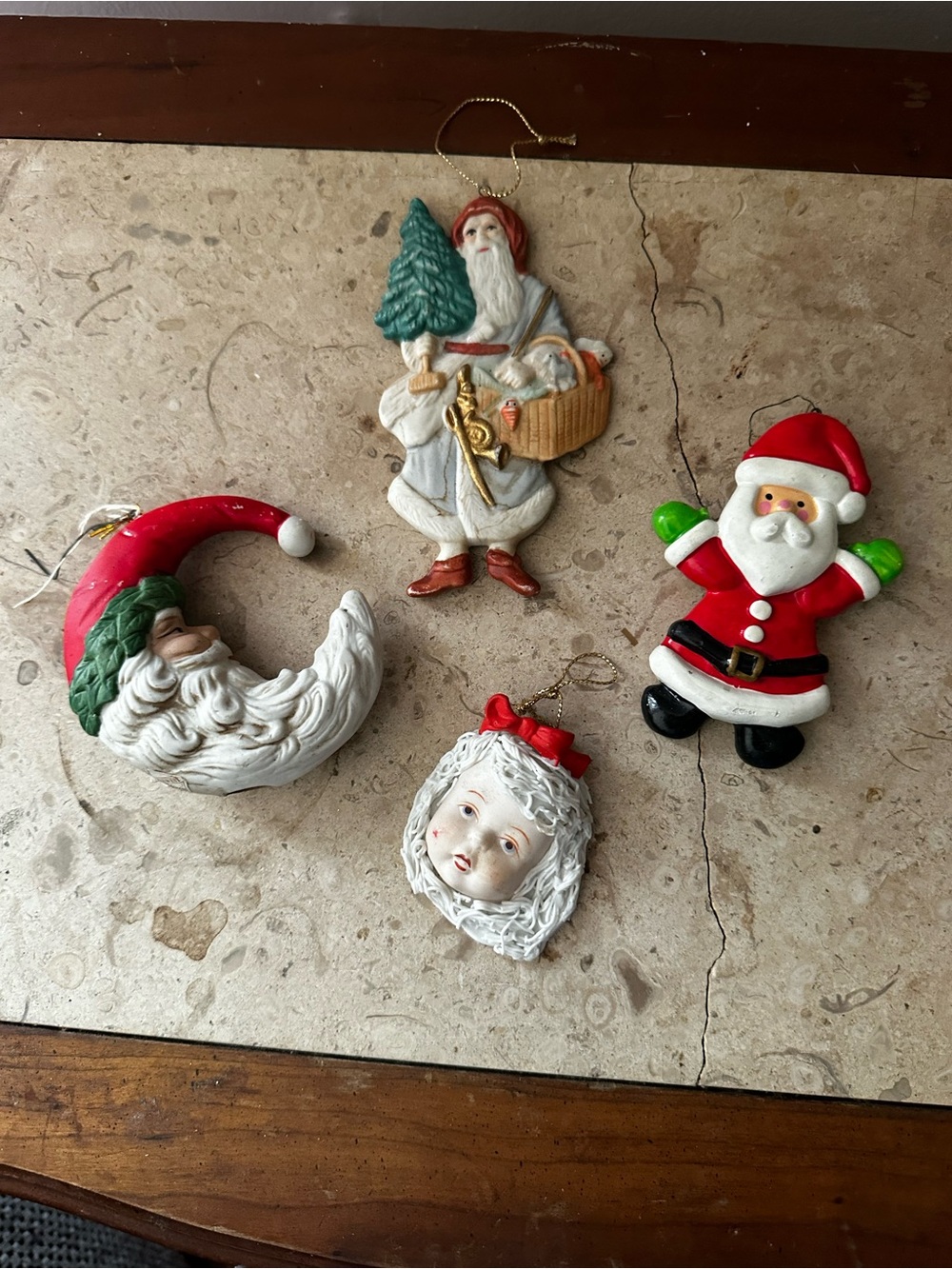 Vtg Lot 4 ceramic christmas ornament Enesco Ardco Santa Crescent Moon Doll Face